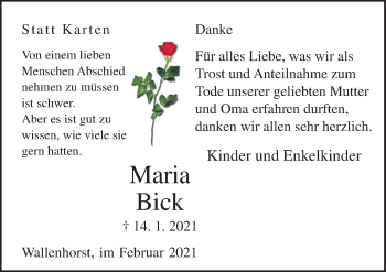 Traueranzeige von Maria Bick von Neue Osnabrücker Zeitung GmbH & Co. KG
