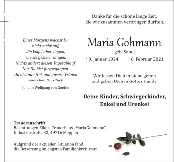 Traueranzeige von Maria Gohmann von Neue Osnabrücker Zeitung GmbH & Co. KG