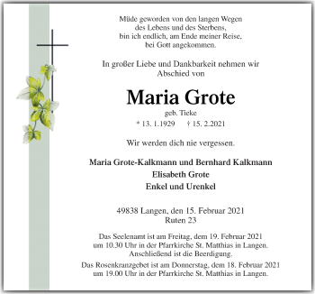Traueranzeige von Maria Grote von Neue Osnabrücker Zeitung GmbH & Co. KG