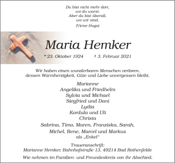 Traueranzeige von Maria Hemker von Neue Osnabrücker Zeitung GmbH & Co. KG
