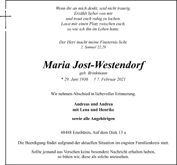 Traueranzeige von Maria Jost-Westendorf von Neue Osnabrücker Zeitung GmbH & Co. KG