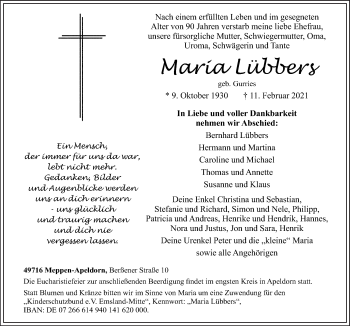 Traueranzeige von Maria Lübbers von Neue Osnabrücker Zeitung GmbH & Co. KG
