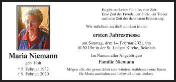 Traueranzeige von Maria Niemann von Neue Osnabrücker Zeitung GmbH & Co. KG