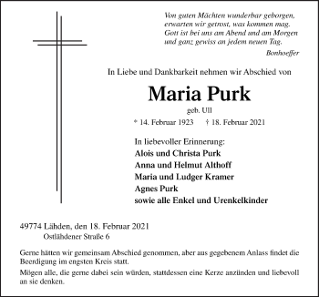 Traueranzeige von Maria Purk von Neue Osnabrücker Zeitung GmbH & Co. KG