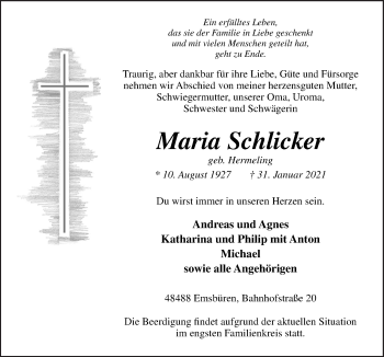 Traueranzeige von Maria Schlicker von Neue Osnabrücker Zeitung GmbH & Co. KG