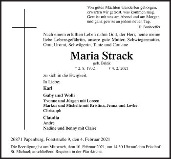 Traueranzeige von Maria Strack von Neue Osnabrücker Zeitung GmbH & Co. KG