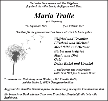 Traueranzeige von Maria Tralle von Neue Osnabrücker Zeitung GmbH & Co. KG