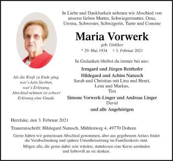 Traueranzeige von Maria Vorwerk von Neue Osnabrücker Zeitung GmbH & Co. KG