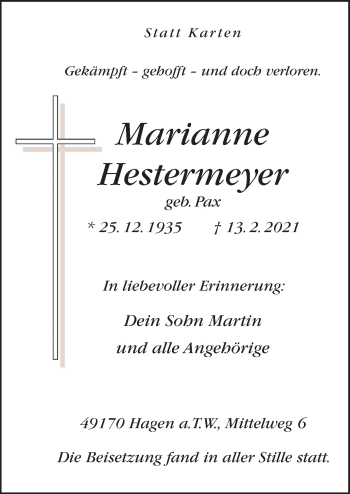 Traueranzeige von Marianne Hestermeyer von Neue Osnabrücker Zeitung GmbH & Co. KG