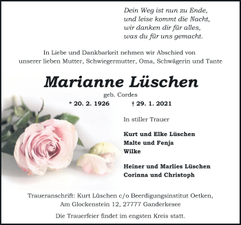 Traueranzeige von Marianne Lüschen von Neue Osnabrücker Zeitung GmbH & Co. KG