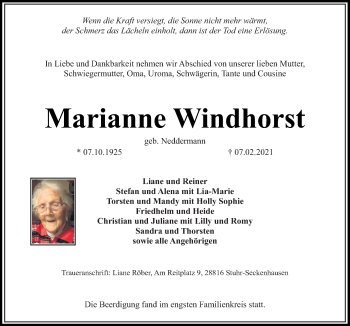 Traueranzeige von Marianne Windhorst von Neue Osnabrücker Zeitung GmbH & Co. KG