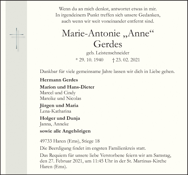  Traueranzeige für Marie-Antonie Gerdes vom 25.02.2021 aus Neue Osnabrücker Zeitung GmbH & Co. KG