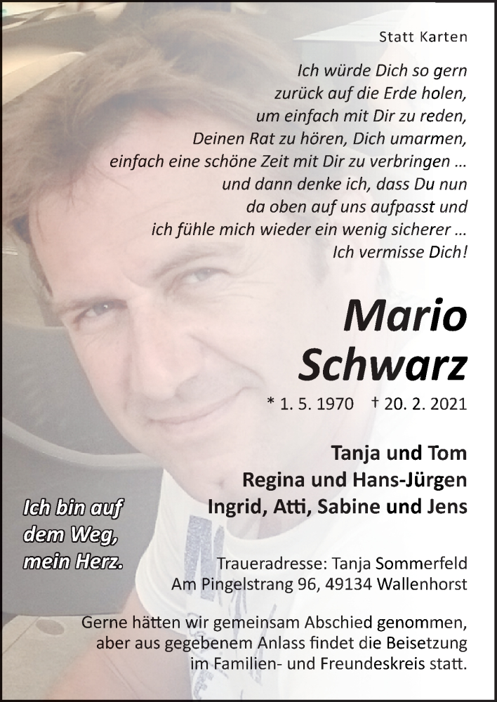  Traueranzeige für Mario Schwarz vom 26.02.2021 aus Neue Osnabrücker Zeitung GmbH & Co. KG