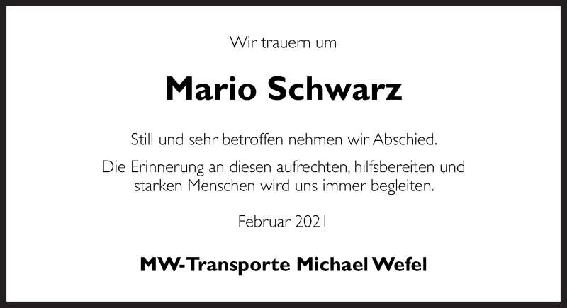  Traueranzeige für Mario Schwarz vom 27.02.2021 aus Neue Osnabrücker Zeitung GmbH & Co. KG