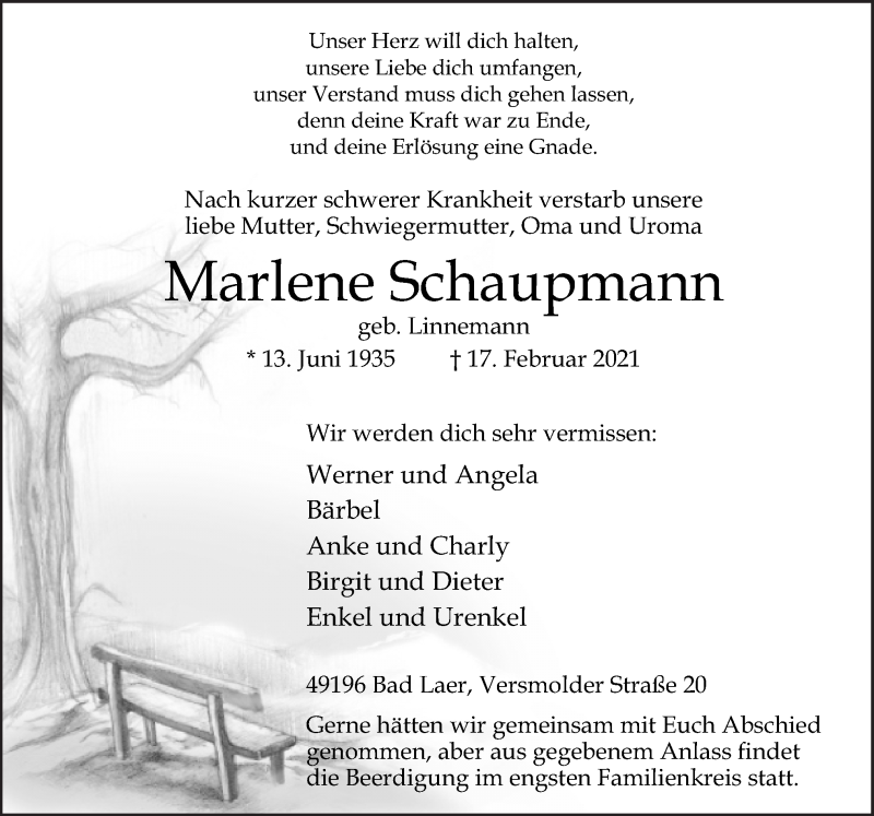  Traueranzeige für Marlene Schaupmann vom 20.02.2021 aus Neue Osnabrücker Zeitung GmbH & Co. KG