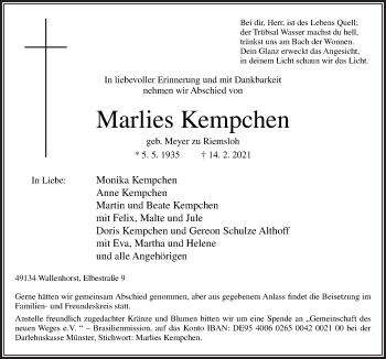Traueranzeige von Marlies Kempchen von Neue Osnabrücker Zeitung GmbH & Co. KG
