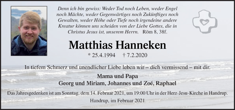  Traueranzeige für Matthias Hanneken vom 06.02.2021 aus Neue Osnabrücker Zeitung GmbH & Co. KG