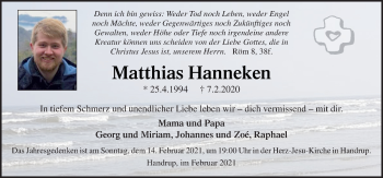 Traueranzeige von Matthias Hanneken von Neue Osnabrücker Zeitung GmbH & Co. KG