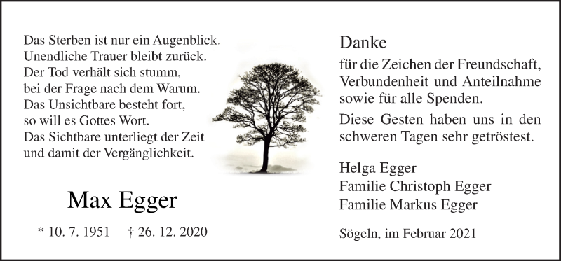  Traueranzeige für Max Egger vom 13.02.2021 aus Neue Osnabrücker Zeitung GmbH & Co. KG