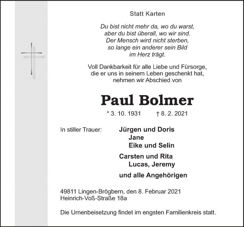 Traueranzeigen Von Paul Bolmer Noz Trauerportal