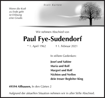 Traueranzeige von Paul Fye-Sudendorf von Neue Osnabrücker Zeitung GmbH & Co. KG