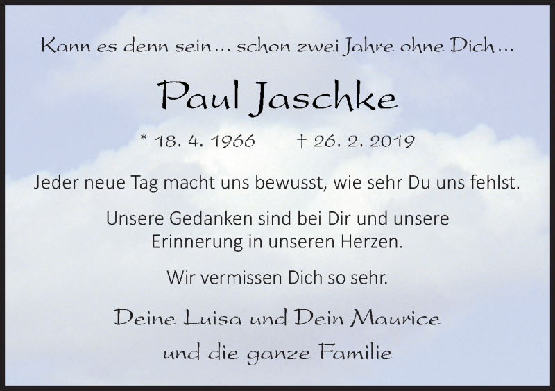  Traueranzeige für Paul Jaschke vom 26.02.2021 aus Neue Osnabrücker Zeitung GmbH & Co. KG
