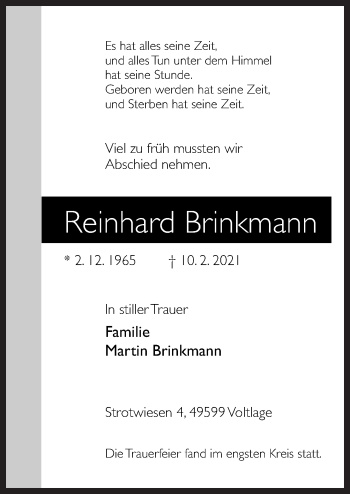 Traueranzeige von Reinhard Brinkmann von Neue Osnabrücker Zeitung GmbH & Co. KG