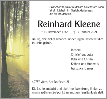 Traueranzeige von Reinhard Kleene von Neue Osnabrücker Zeitung GmbH & Co. KG