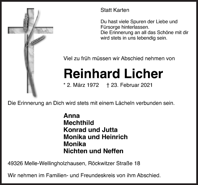  Traueranzeige für Reinhard Licher vom 25.02.2021 aus Neue Osnabrücker Zeitung GmbH & Co. KG