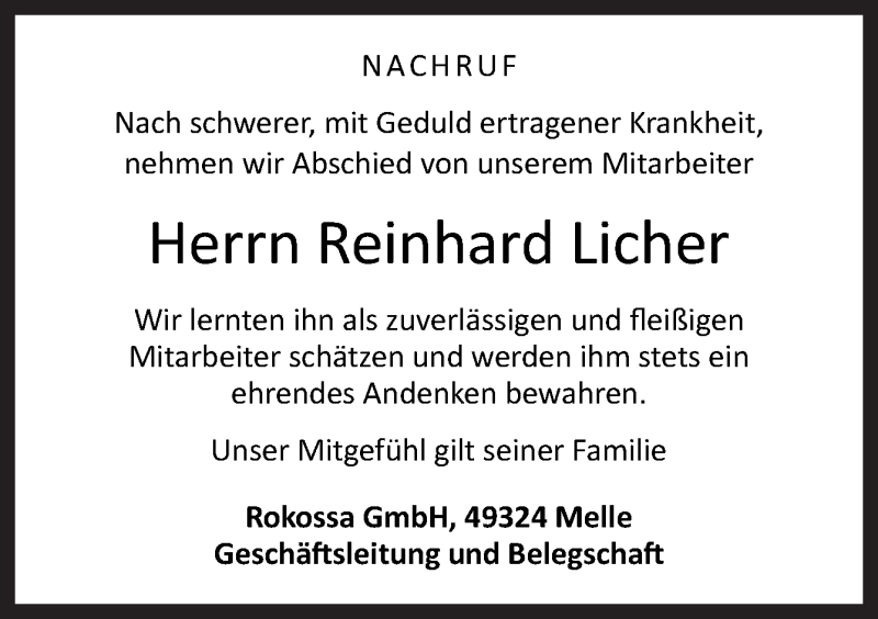  Traueranzeige für Reinhard Licher vom 27.02.2021 aus Neue Osnabrücker Zeitung GmbH & Co. KG