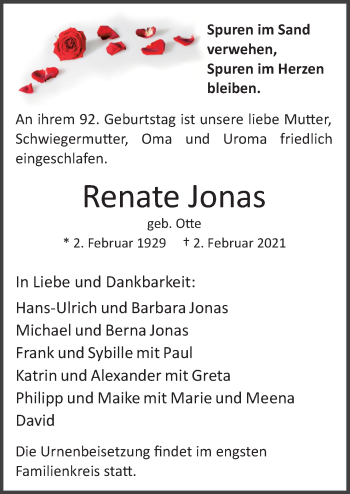 Traueranzeige von Renate Jonas von Neue Osnabrücker Zeitung GmbH & Co. KG