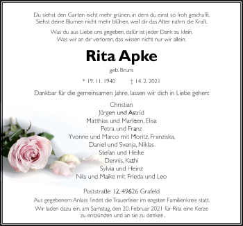 Traueranzeige von Rita Apke von Neue Osnabrücker Zeitung GmbH & Co. KG