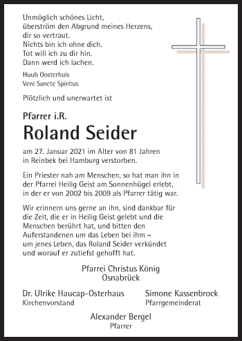 Traueranzeige von Roland Seider von Neue Osnabrücker Zeitung GmbH & Co. KG