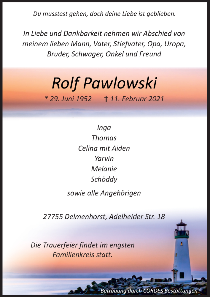  Traueranzeige für Rolf Pawlowski vom 13.02.2021 aus Neue Osnabrücker Zeitung GmbH & Co. KG