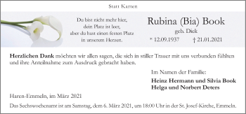 Traueranzeige von Rubina Book von Neue Osnabrücker Zeitung GmbH & Co. KG