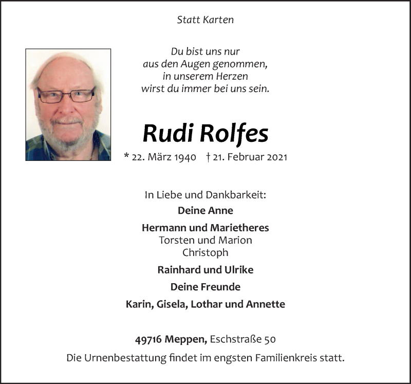  Traueranzeige für Rudi Rolfes vom 24.02.2021 aus Neue Osnabrücker Zeitung GmbH & Co. KG