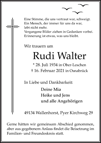 Traueranzeige von Rudi Walter von Neue Osnabrücker Zeitung GmbH & Co. KG