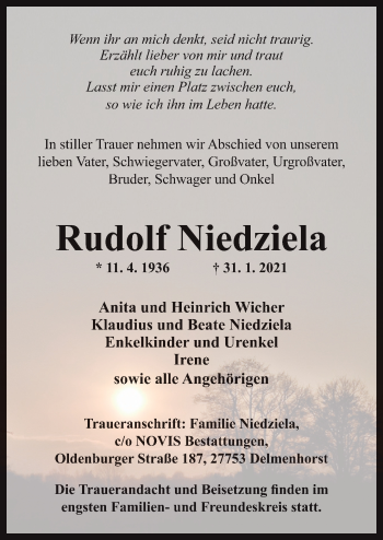 Traueranzeige von Rudolf Niedziela von Neue Osnabrücker Zeitung GmbH & Co. KG