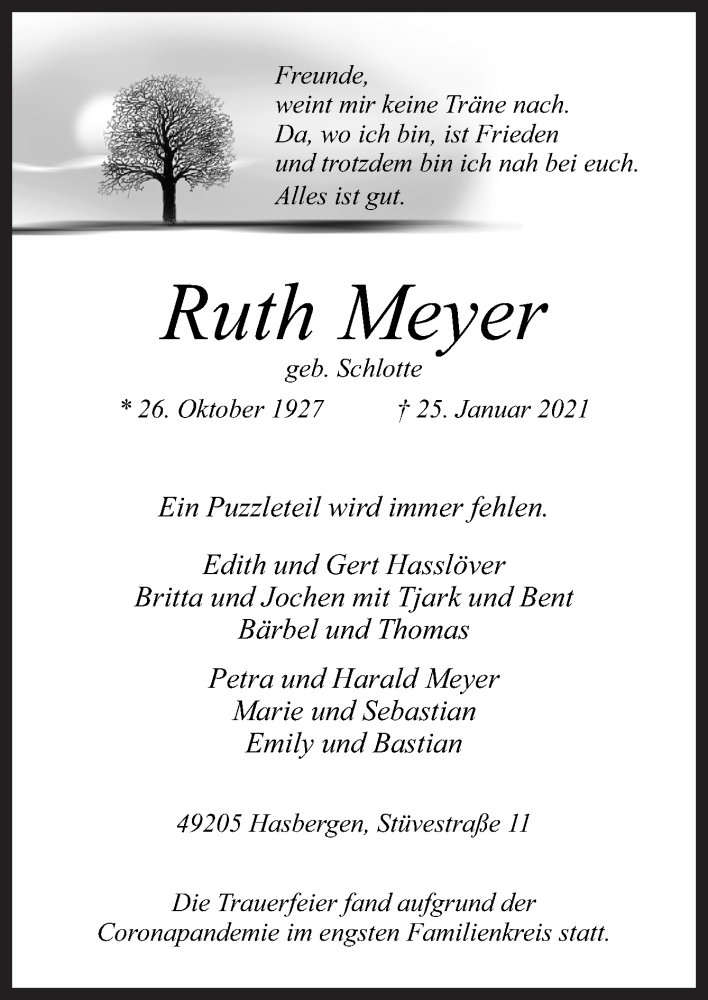  Traueranzeige für Ruth Meyer vom 06.02.2021 aus Neue Osnabrücker Zeitung GmbH & Co. KG