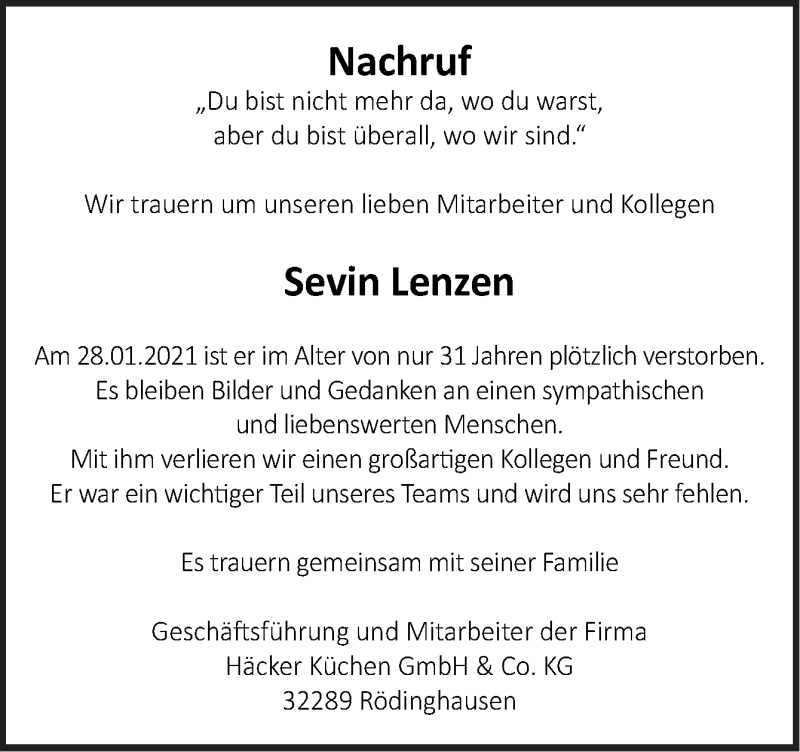  Traueranzeige für Sevin Lenzen vom 12.02.2021 aus Neue Osnabrücker Zeitung GmbH & Co. KG