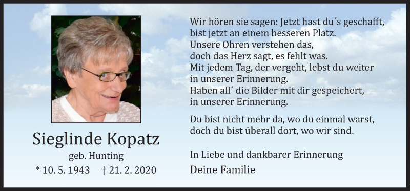  Traueranzeige für Sieglinde Kopatz vom 20.02.2021 aus Neue Osnabrücker Zeitung GmbH & Co. KG