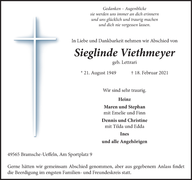  Traueranzeige für Sieglinde Viethmeyer vom 20.02.2021 aus Neue Osnabrücker Zeitung GmbH & Co. KG
