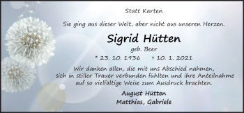 Traueranzeige von Sigrid Hütten von Neue Osnabrücker Zeitung GmbH & Co. KG