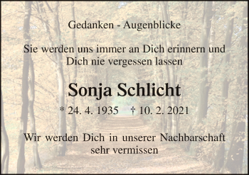 Traueranzeige von Sonja Schlicht von Neue Osnabrücker Zeitung GmbH & Co. KG
