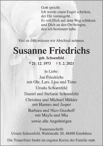 Traueranzeige von Susanne Friedrichs von Neue Osnabrücker Zeitung GmbH & Co. KG