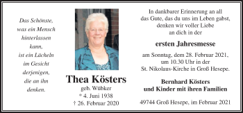 Traueranzeige von Thea Kösters von Neue Osnabrücker Zeitung GmbH & Co. KG