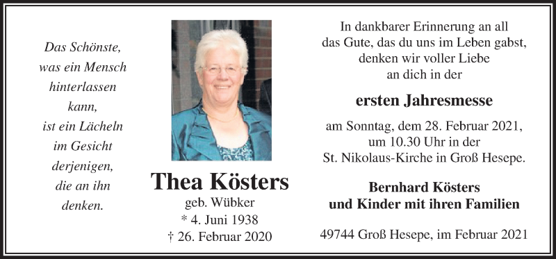  Traueranzeige für Thea Kösters vom 27.02.2021 aus Neue Osnabrücker Zeitung GmbH & Co. KG