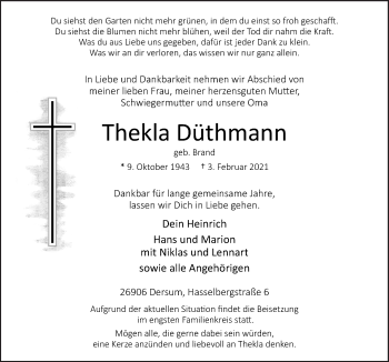 Traueranzeige von Thekla Düthmann von Neue Osnabrücker Zeitung GmbH & Co. KG