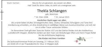 Traueranzeige von Thekla Schlangen von Neue Osnabrücker Zeitung GmbH & Co. KG