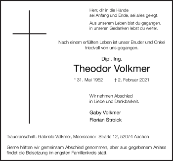 Traueranzeige von Theodor Volkmer von Neue Osnabrücker Zeitung GmbH & Co. KG
